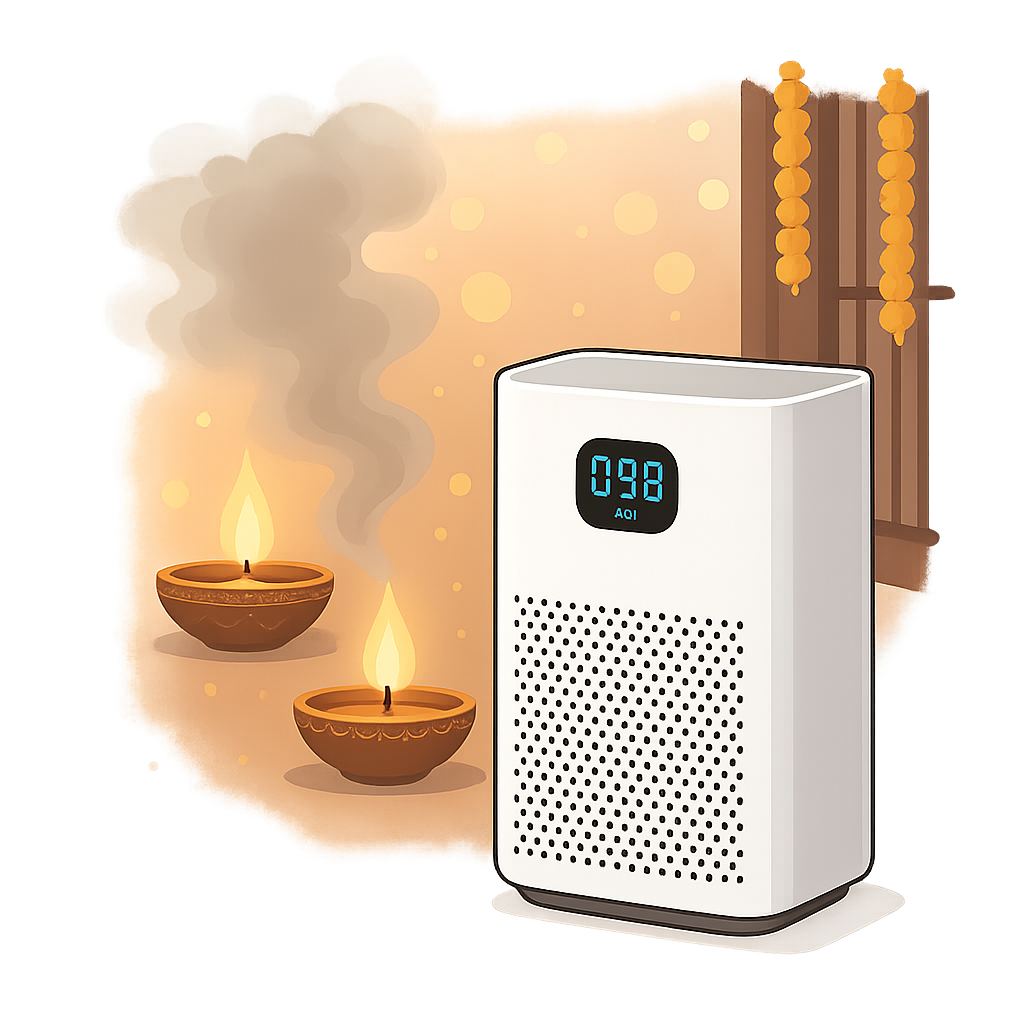 Indian living room during Diwali showing purifier and dropping AQI reading